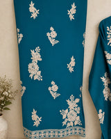 Teal Blue Embroidered Aari Work 3-Piece Stitched Suit with Bamber Dupatta