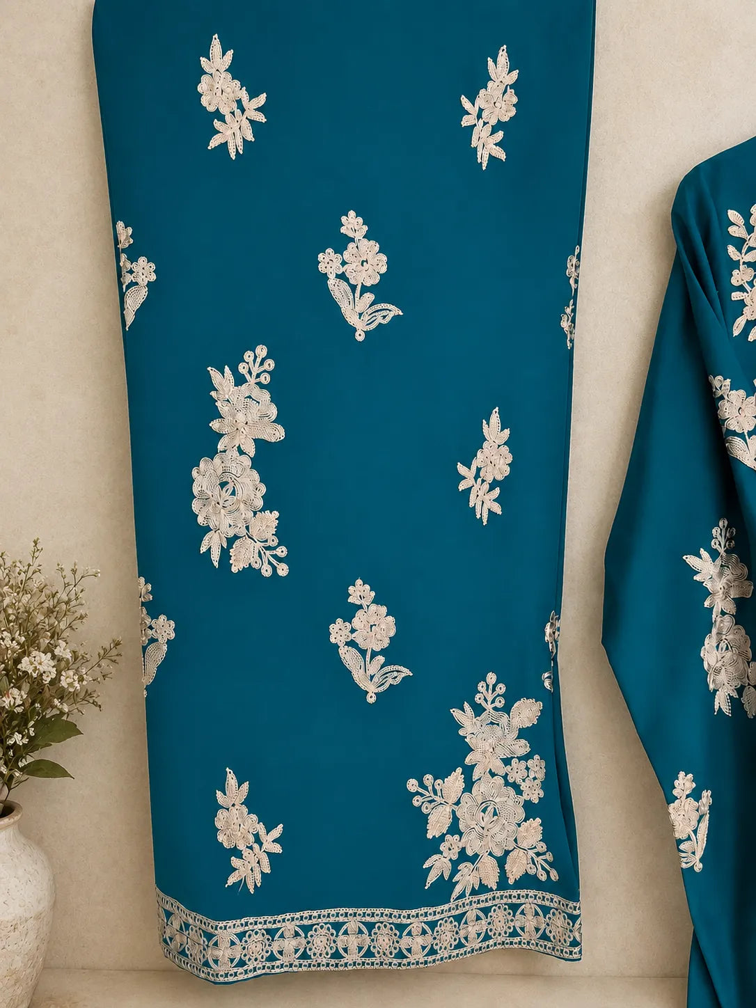 Teal Blue Embroidered Aari Work 3-Piece Stitched Suit with Bamber Dupatta