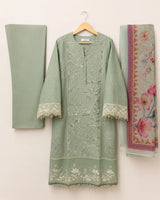 Aqua Blue Embroidered 3-Piece Stitched Suit with Organza Patch Sleeves