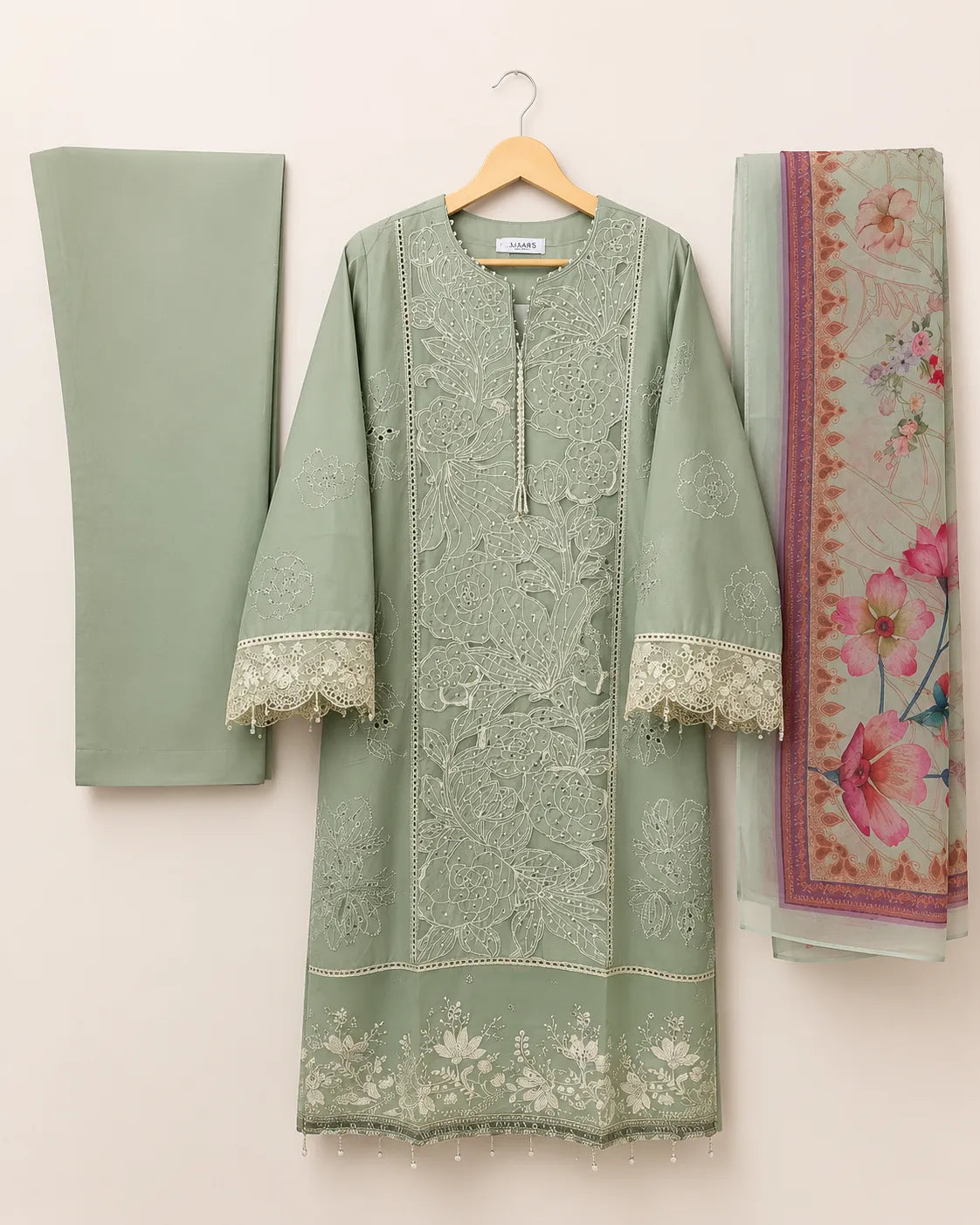 Aqua Blue Embroidered 3-Piece Stitched Suit with Organza Patch Sleeves