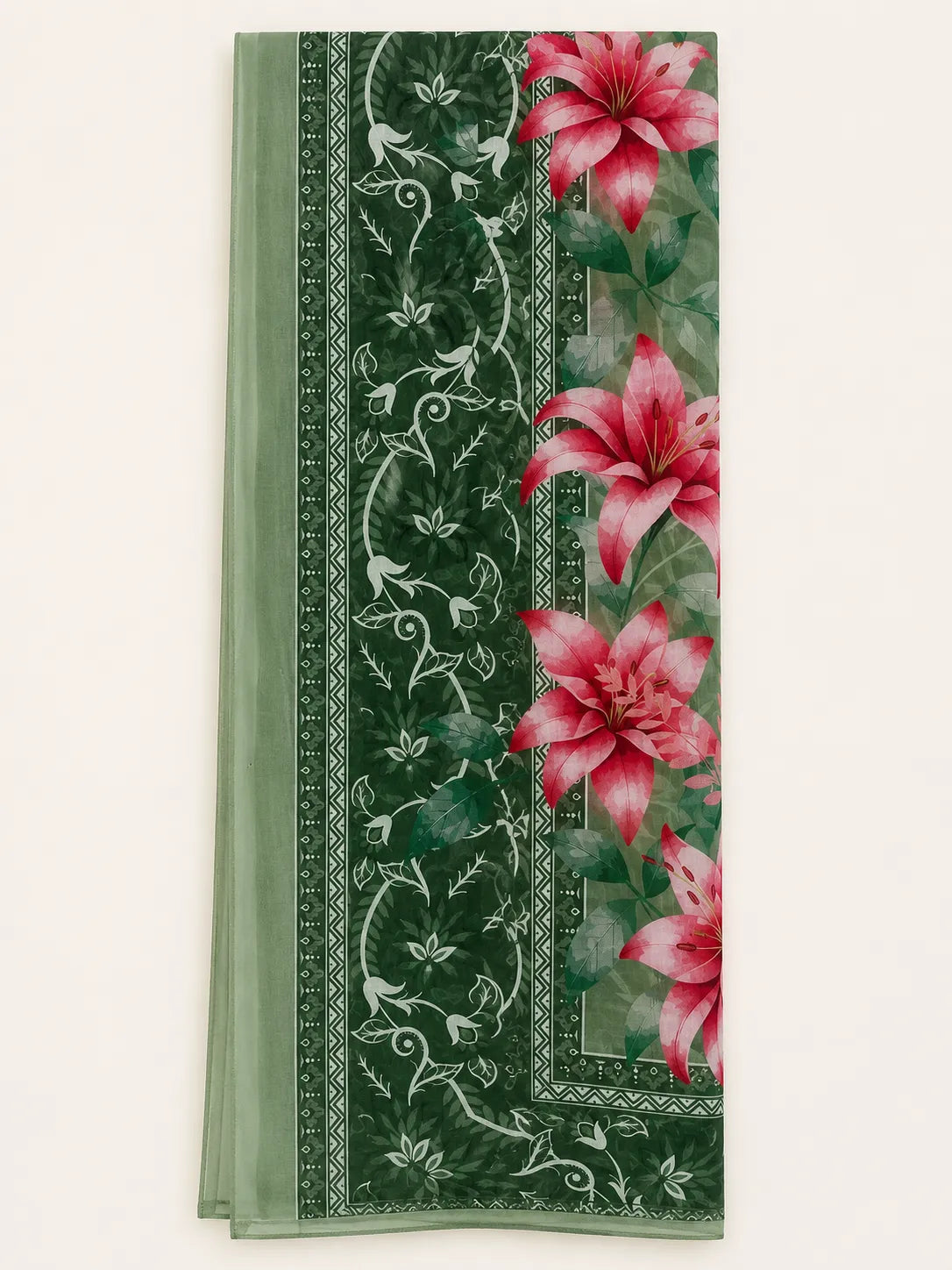Olive Green Minimal Embroidered 3-Piece Stitched Suit with Floral Printed Dupatta