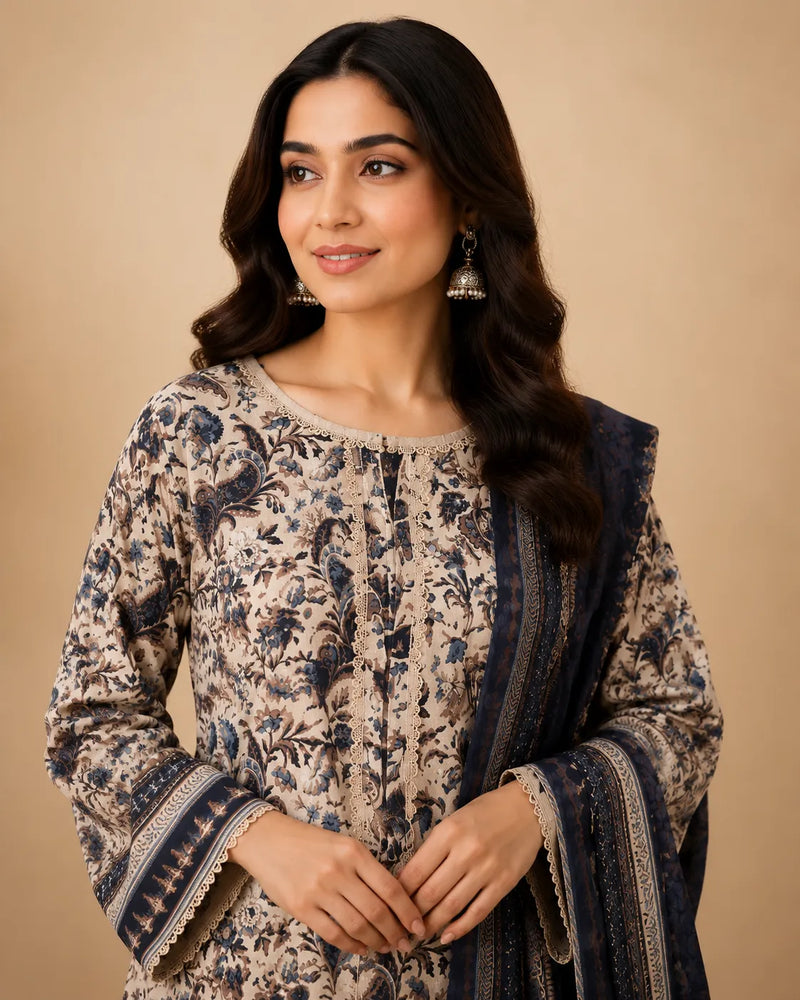 Navy Blue & Beige Printed Lawn 3 Piece Suit | Detailed Neckline & Contrasting Dupatta