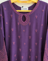 Deep Plum Purple Embroidered Lawn Frock 3-Piece Stitched Suit with Printed Chiffon Dupatta