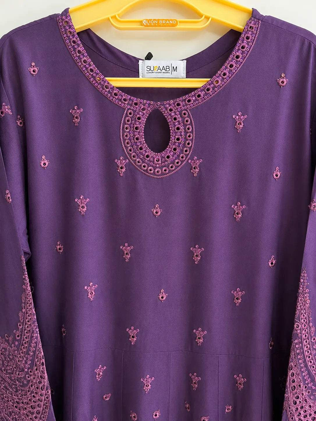Deep Plum Purple Embroidered Lawn Frock 3-Piece Stitched Suit with Printed Chiffon Dupatta