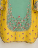Mustard Yellow & Sea Green Embroidered Lawn 3-Piece Stitched Short Suit with Plazo & Doriya Dupatta