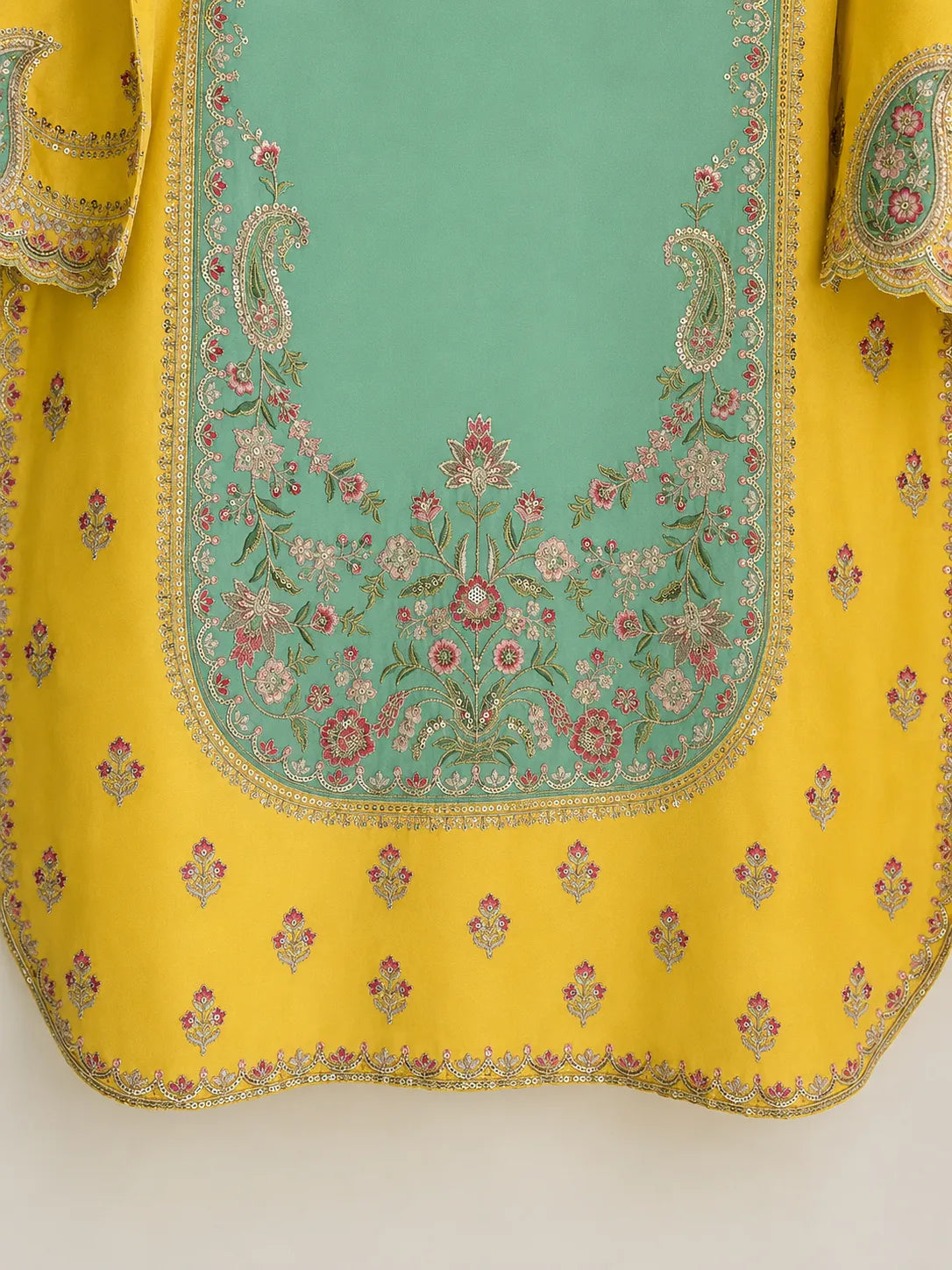 Mustard Yellow & Sea Green Embroidered Lawn 3-Piece Stitched Short Suit with Plazo & Doriya Dupatta