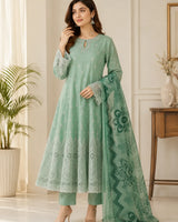 Pistachio Mint Green Embroidered Lawn Frock 3-Piece Stitched Suit with Chiffon Dupatta & Plain Trousers