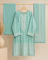 Aqua Blue Embroidered Short Shirt & Trouser 3-Piece Suit with Bamber Dupatta