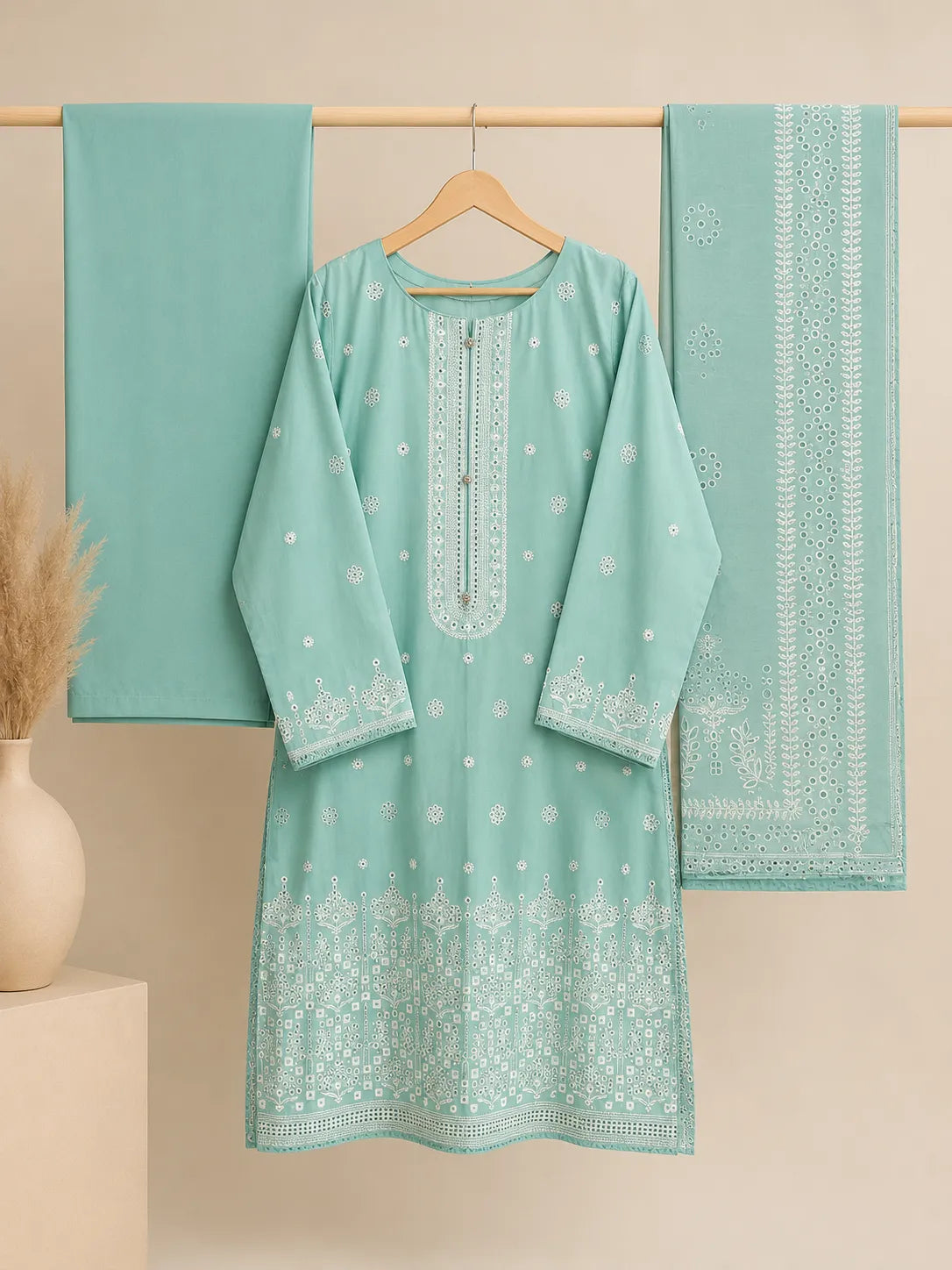 Aqua Blue Embroidered Short Shirt & Trouser 3-Piece Suit with Bamber Dupatta