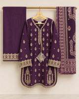 Deep Plum Purple Embroidered Rounded Kameez 3-Piece Stitched Lawn Suit with Embroidered Plazo & Doriya Dupatta