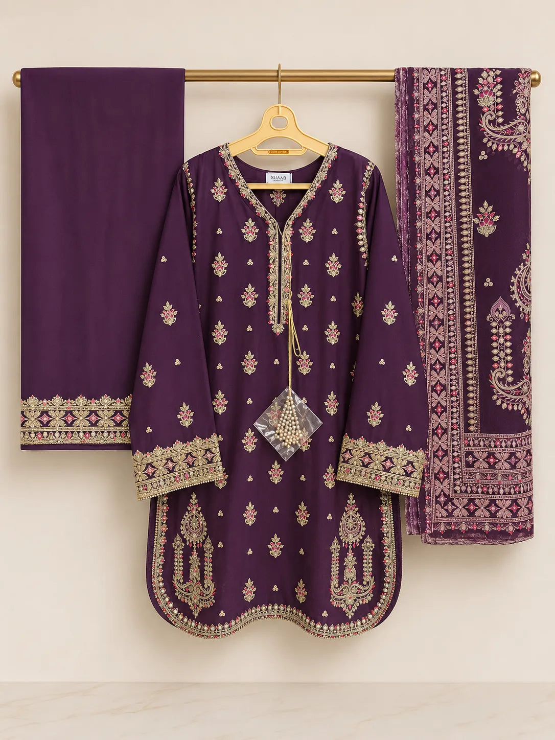 Deep Plum Purple Embroidered Rounded Kameez 3-Piece Stitched Lawn Suit with Embroidered Plazo & Doriya Dupatta