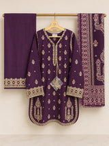 Deep Plum Purple Embroidered Rounded Kameez 3-Piece Stitched Lawn Suit with Embroidered Plazo & Doriya Dupatta