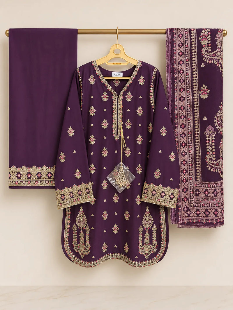 Deep Plum Purple Embroidered Rounded Kameez 3-Piece Stitched Lawn Suit with Embroidered Plazo & Doriya Dupatta