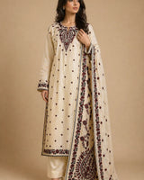 Off-White & Crimson Red Floral Embroidered Long 3-Piece Stitched Lawn Suit with Embroidered Dupatta
