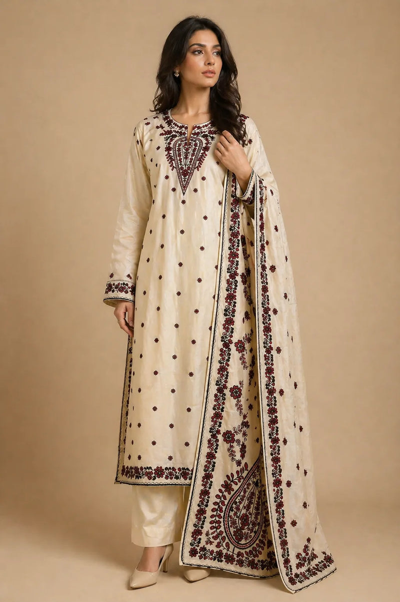 Off-White & Crimson Red Floral Embroidered Long 3-Piece Stitched Lawn Suit with Embroidered Dupatta