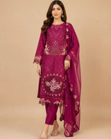 Plum Magenta Floral Embroidered Long 3-Piece Stitched Suit with Organza Dupatta & Trousers
