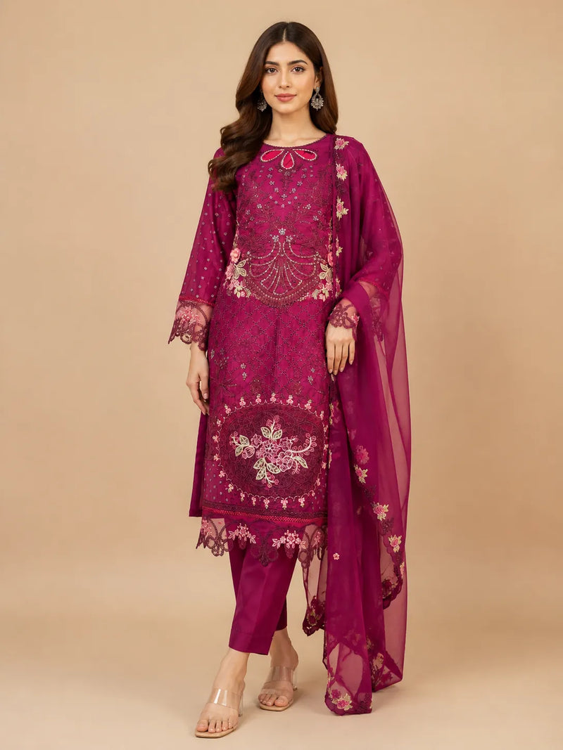 Plum Magenta Floral Embroidered Long 3-Piece Stitched Suit with Organza Dupatta & Trousers