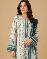 Off-White & Blue Floral Lawn 3 Piece Suit | Detailed Neckline & Contrasting Dupatta