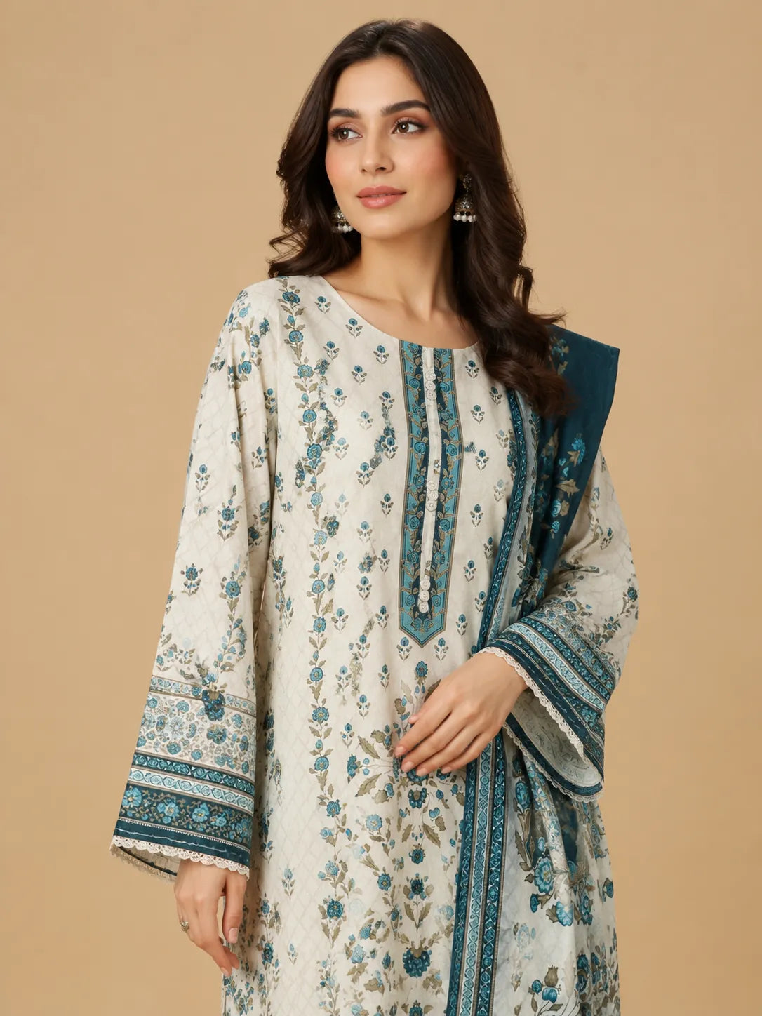 Off-White & Blue Floral Lawn 3 Piece Suit | Detailed Neckline & Contrasting Dupatta