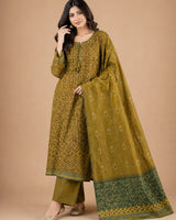 Olive Green Printed Lawn 3 Piece Suit | Tassel Neckline & Bordered Dupatta