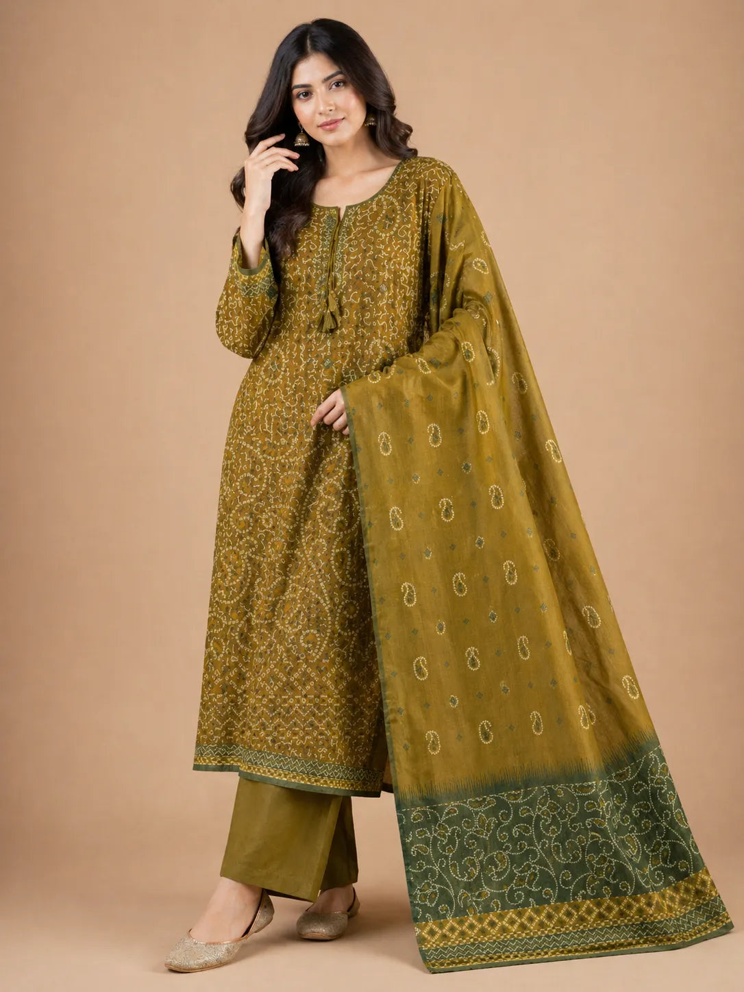 Olive Green Printed Lawn 3 Piece Suit | Tassel Neckline & Bordered Dupatta