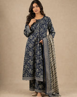 Navy Blue Floral Lawn 3 Piece Suit | Tassel Neckline & Matching Dupatta