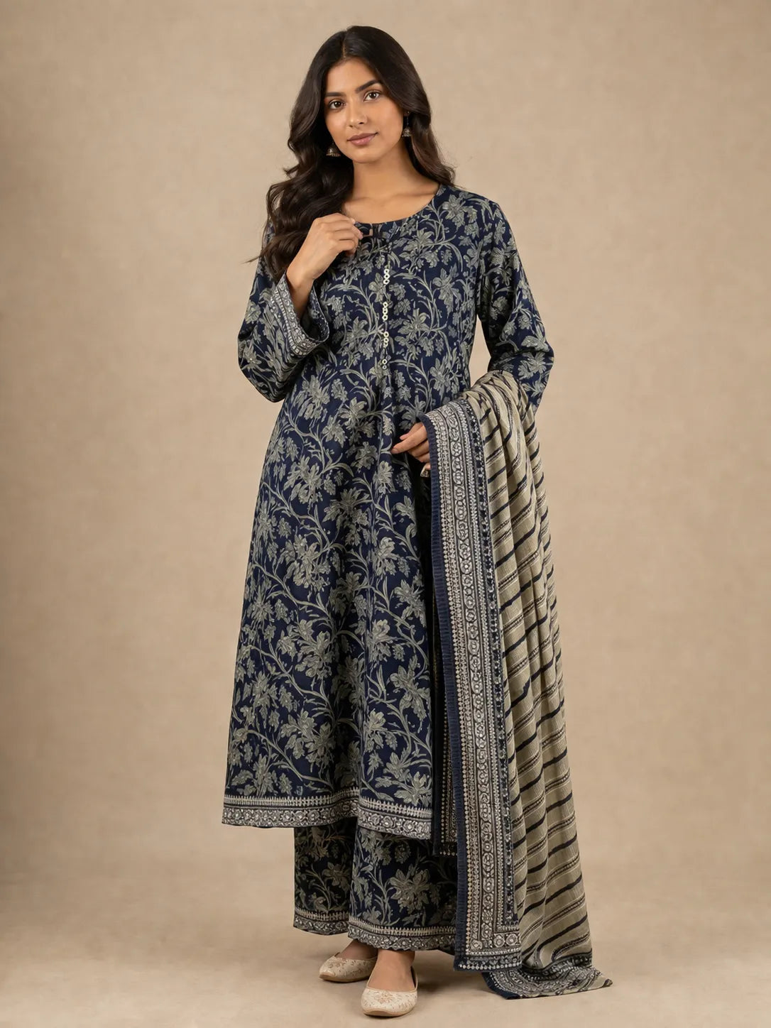 Navy Blue Floral Lawn 3 Piece Suit | Tassel Neckline & Matching Dupatta