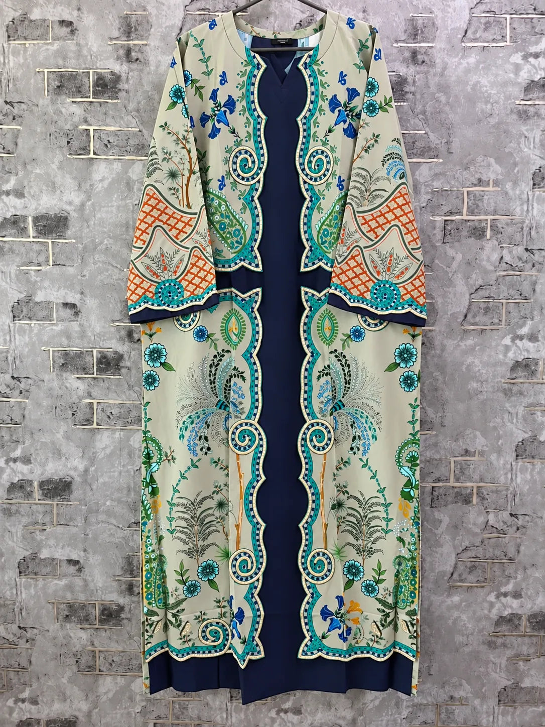 Inkish Blue & Grey Printed Lawn 2 Piece Kaftan Suit | Embroidered Front & Printed Trousers