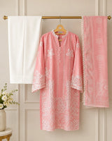 Baby Pink Floral Embroidered 3-Piece Stitched Lawn Suit with White Trousers & Dupatta