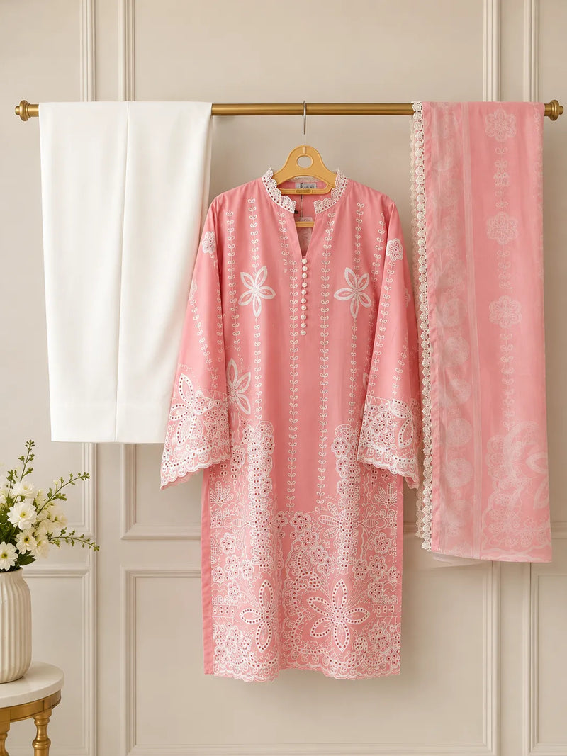 Baby Pink Floral Embroidered 3-Piece Stitched Lawn Suit with White Trousers & Dupatta