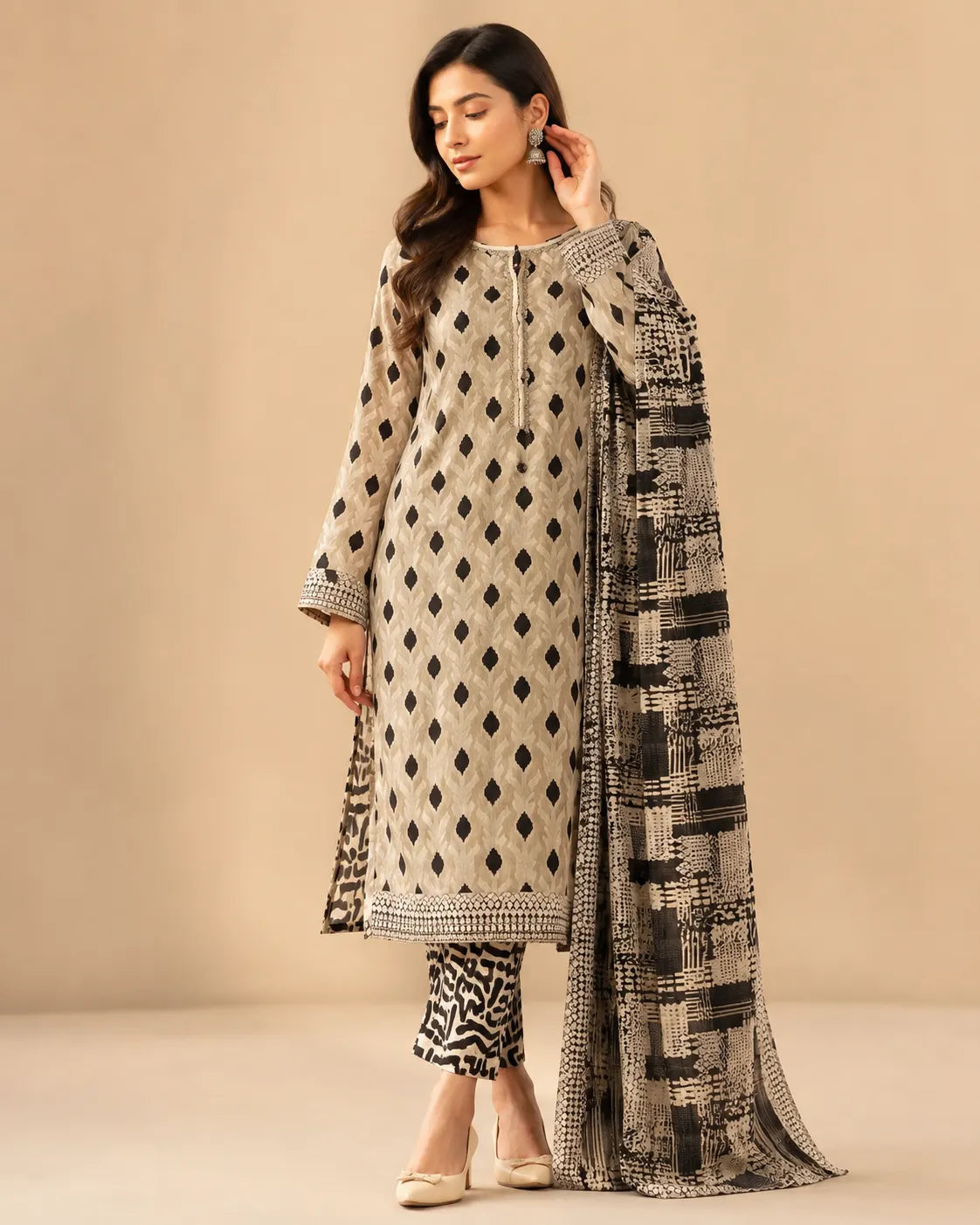 Cheetah Print Beige Lawn 3 Piece Suit | Placket Neckline & Matching Dupatta