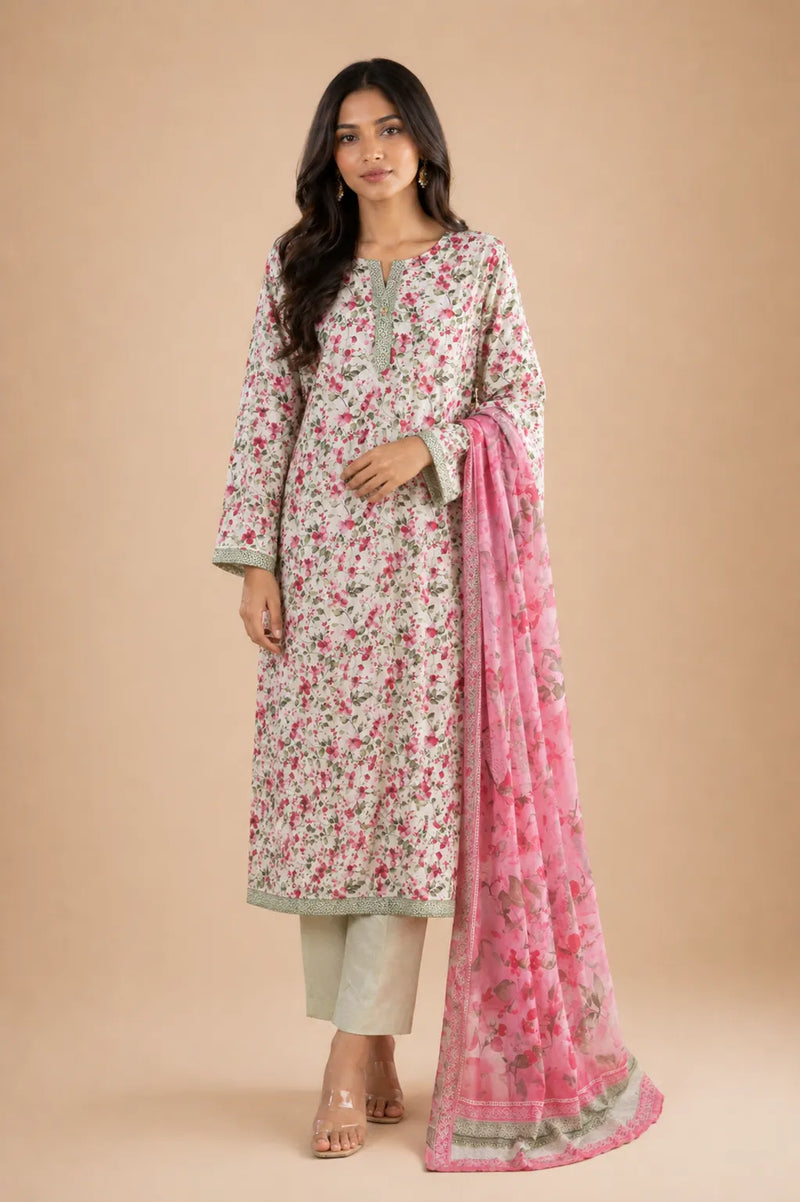Pink & Pista Green Floral Lawn 3 Piece Suit | Detailed Neckline & Contrasting Dupatta