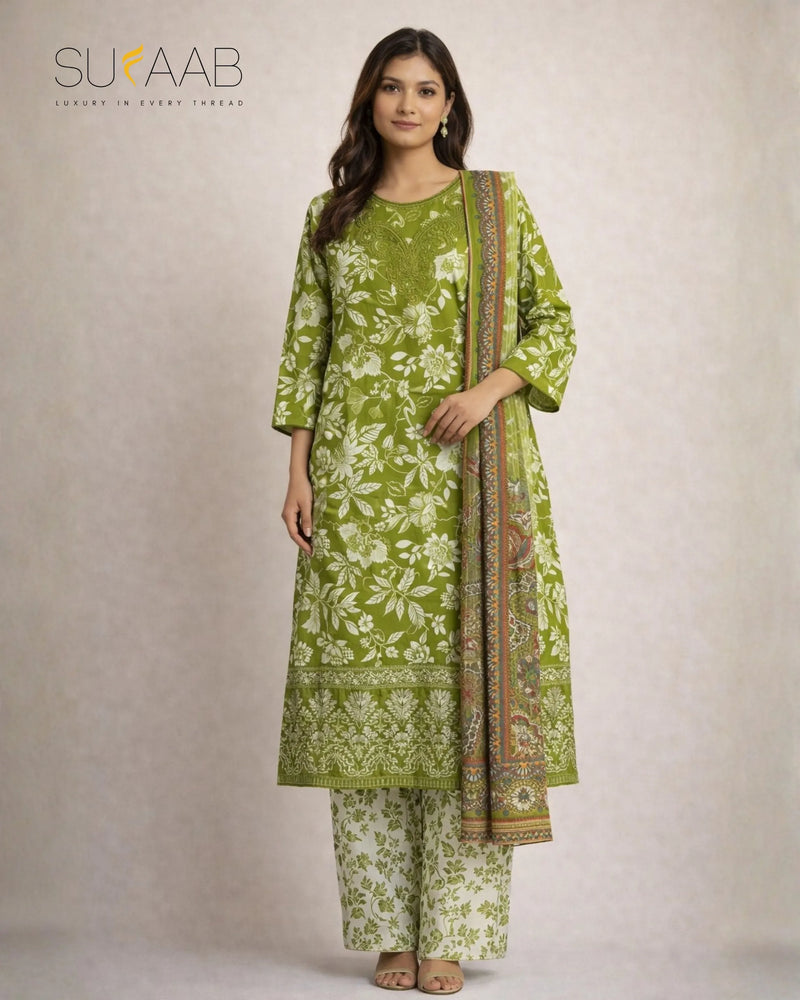 Parrot Green Floral Lawn 3 Piece Suit | Embroidered Neckline & Printed Dupatta