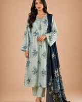Light Blue & Black Floral Lawn 3 Piece Suit | Tassel Neckline & Contrasting Dupatta