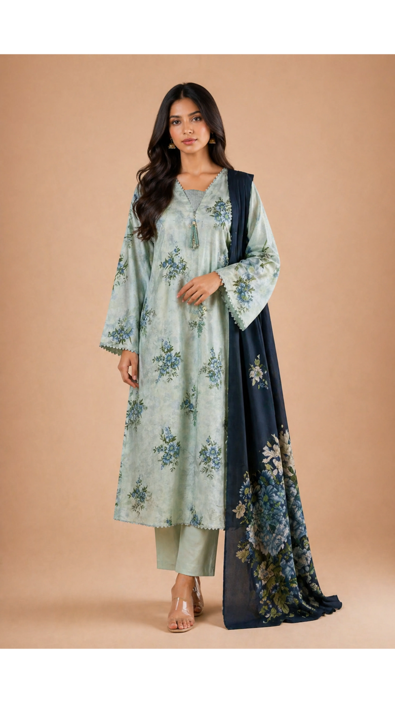 Light Blue & Black Floral Lawn 3 Piece Suit | Tassel Neckline & Contrasting Dupatta