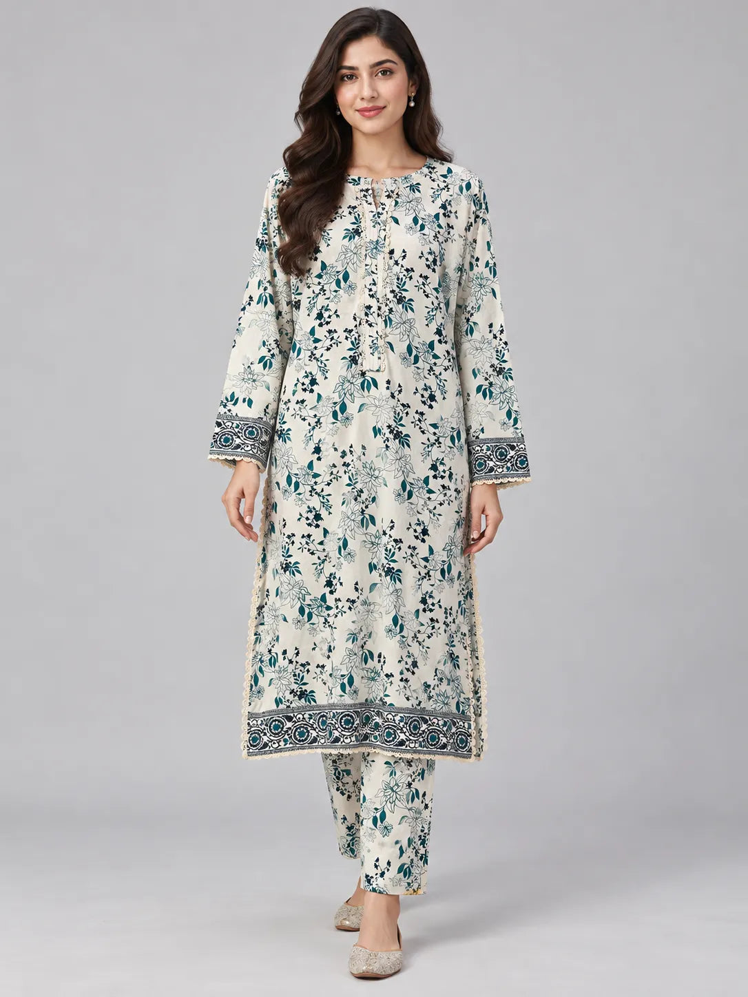 White & Blue Printed Lawn 2 Piece Suit | Placket Lace Trims & Printed Trousers
