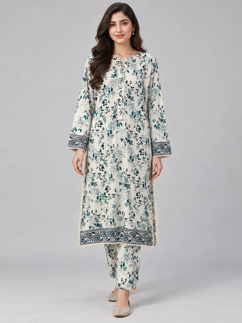 White & Blue Printed Lawn 2 Piece Suit | Placket Lace Trims & Printed Trousers