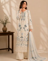 Off-White / Ivory Floral Embroidered Long Cutwork 3-Piece Stitched Suit with Blue Embroidery & Organza Dupatta