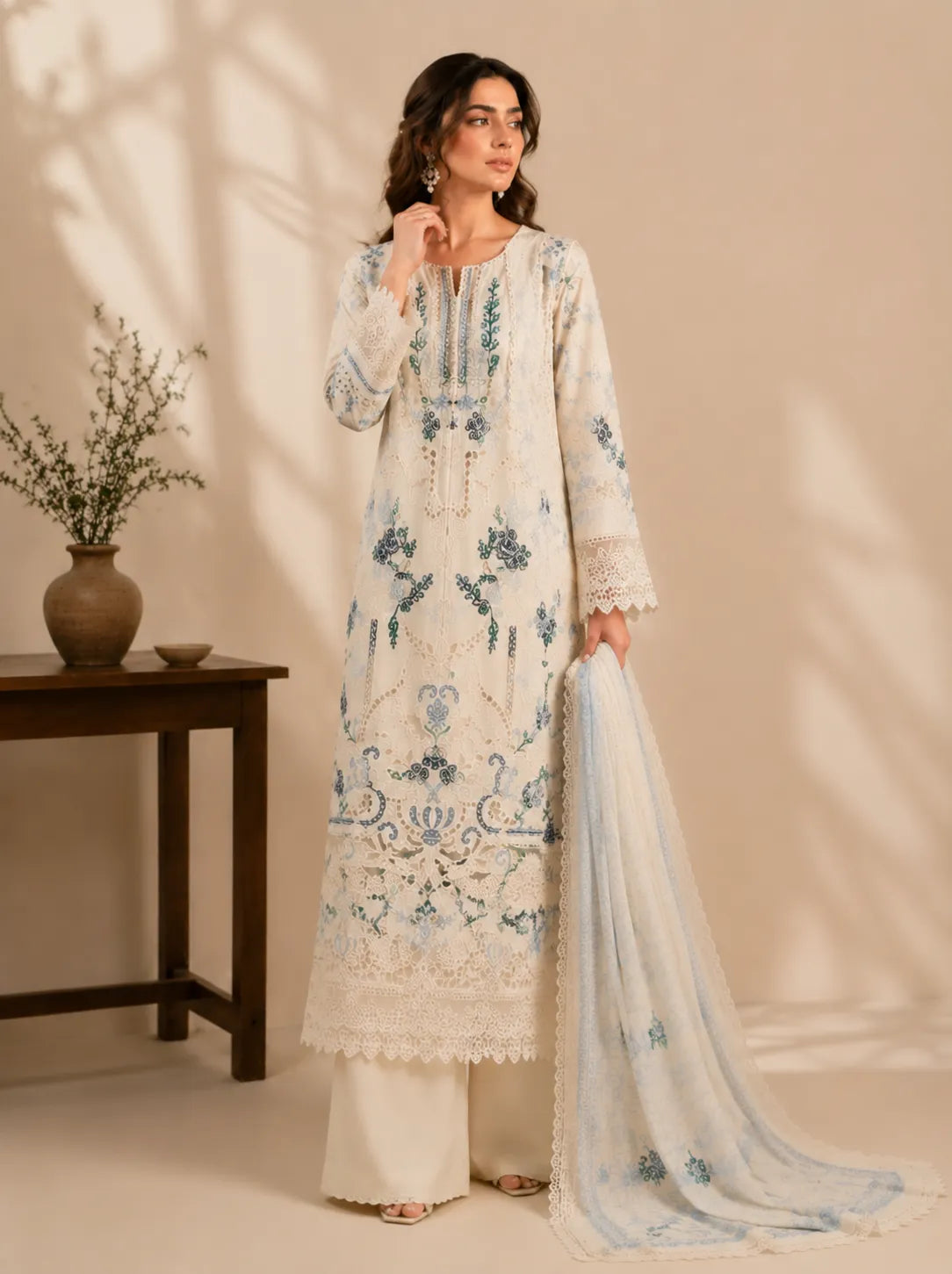 Off-White / Ivory Floral Embroidered Long Cutwork 3-Piece Stitched Suit with Blue Embroidery & Organza Dupatta