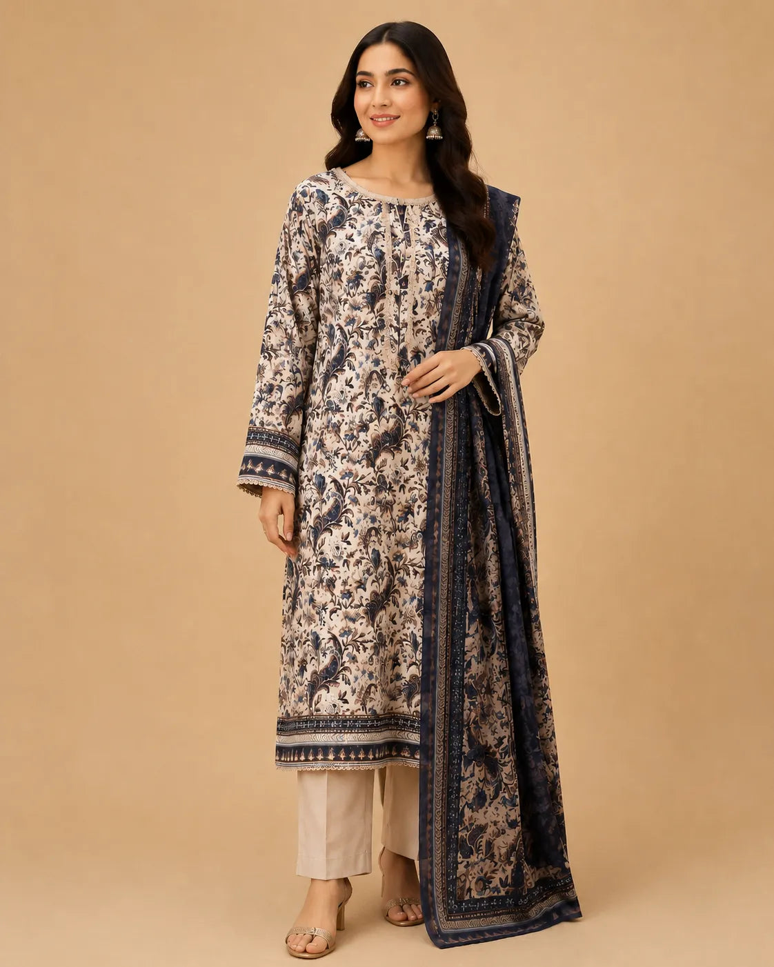 Navy Blue & Beige Printed Lawn 3 Piece Suit | Detailed Neckline & Contrasting Dupatta