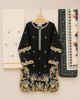 Black & White Embroidered Short Shirt 3-Piece Stitched Suit with Bamber Dupatta