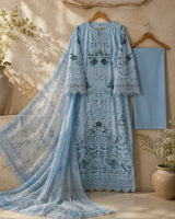 Powder Blue Floral Embroidered Long Cutwork 3-Piece Stitched Suit with Pearl Neckline & Organza Dupatta