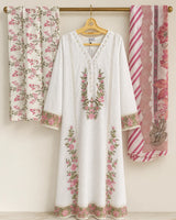 Pure White Schiffli Embroidered Lawn 3-Piece Stitched Suit with Pink Floral Cutwork & Printed Chiffon Dupatta
