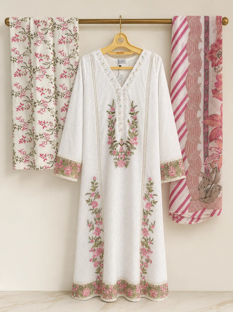 Pure White Schiffli Embroidered Lawn 3-Piece Stitched Suit with Pink Floral Cutwork & Printed Chiffon Dupatta