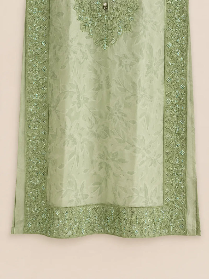 Pistachio Olive Green Embroidered Lawn 3-Piece Stitched Suit with Baggy Cutwork Sleeves & Bamber Chiffon Dupatta