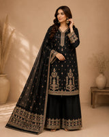 Black Embroidered Short Shirt 3-Piece Stitched Suit with Wide-Leg Pants & Dupatta