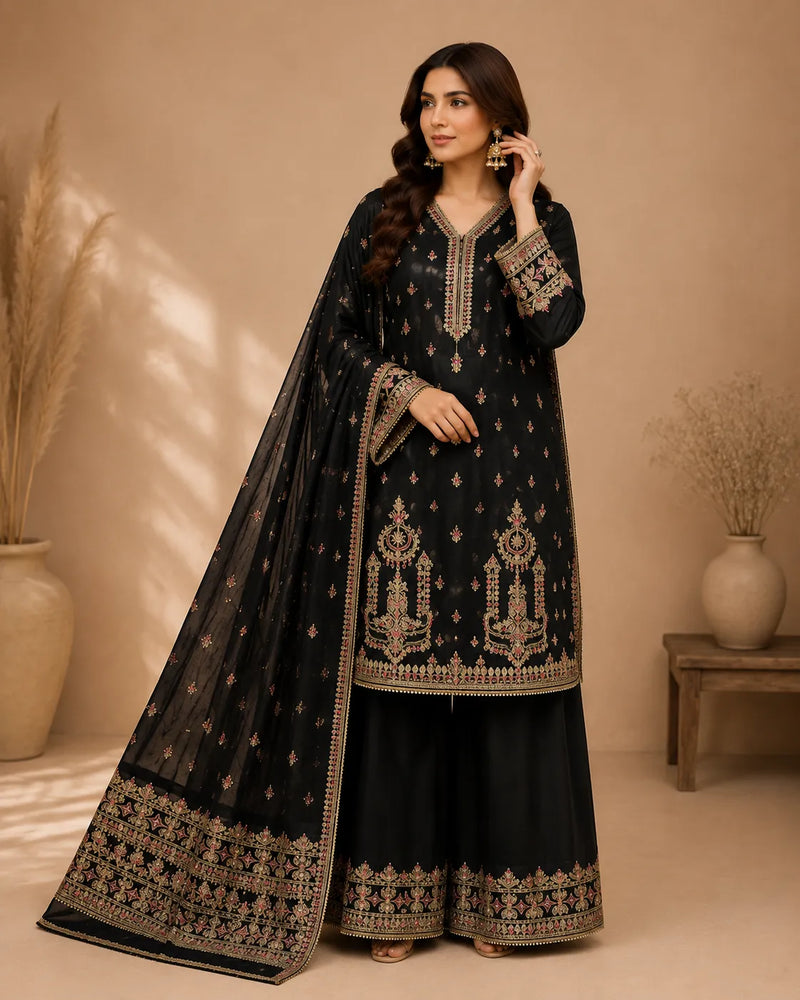 Black Embroidered Short Shirt 3-Piece Stitched Suit with Wide-Leg Pants & Dupatta