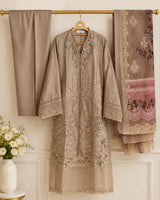Beige Embroidered 3-Piece Stitched Suit with Printed Dupatta