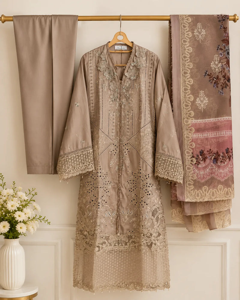 Beige Embroidered 3-Piece Stitched Suit with Printed Dupatta