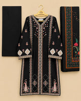 Black Embroidered Long Ambi/Paisley 3-Piece Stitched Suit with Printed Dupatta